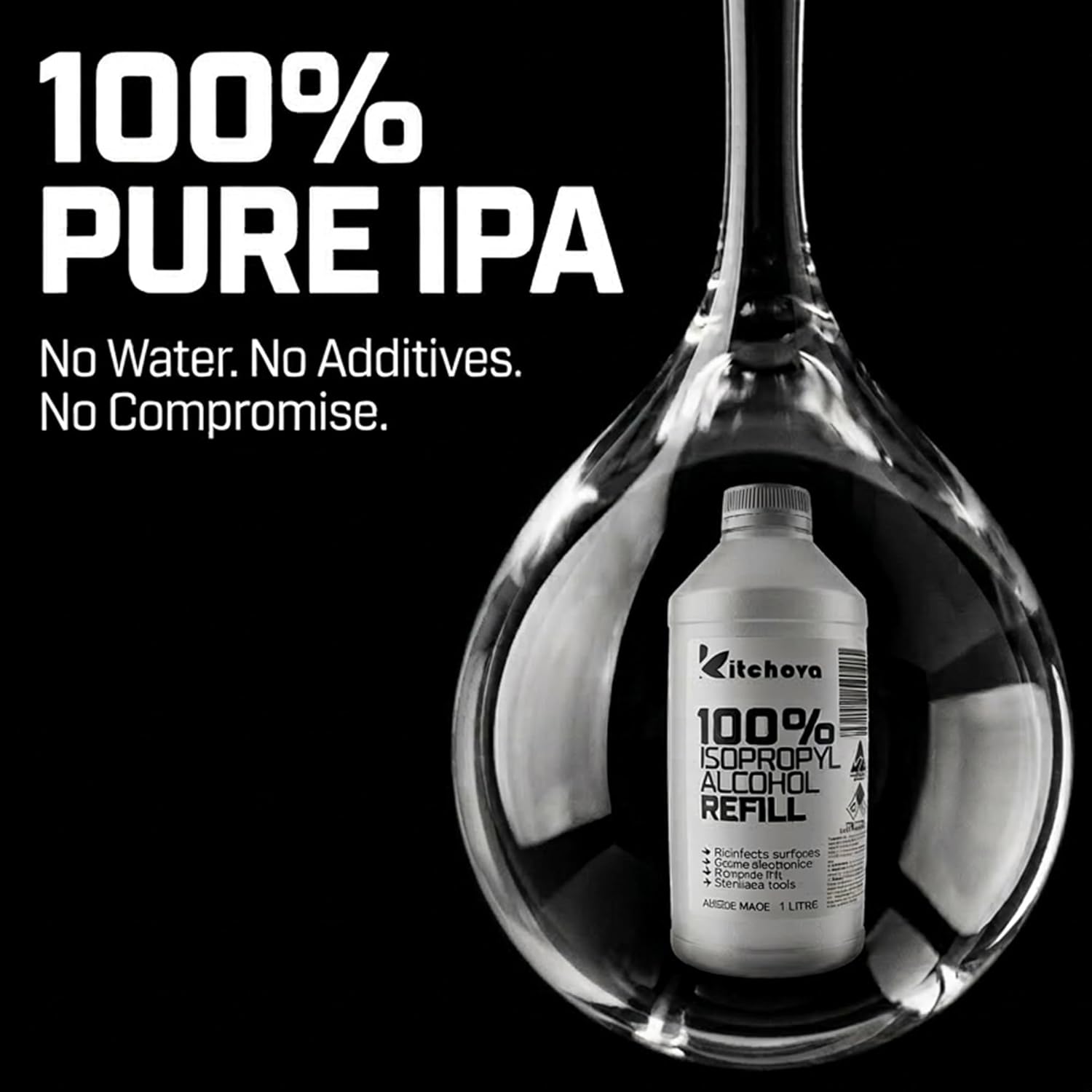 Kitchova 100% Isopropyl Alcohol 1L bottle label detail - pure IPA cleaner