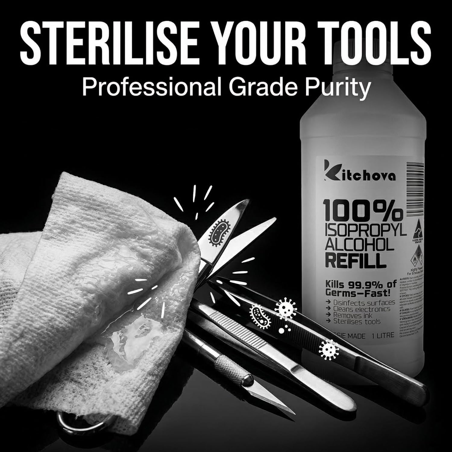 Kitchova 100% Isopropyl Alcohol 1L back label and ingredients list